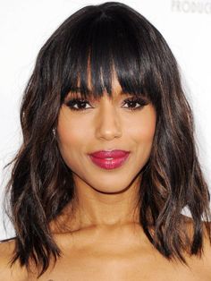 Kerry Washington's choppy bangs. http://beautyeditor.ca/2014/06/13/best-bangs-for-heart-face Modern Shag Haircut, Midlength Haircuts, Heart Face Shape, Short Hairstyle, Mid Length Hair