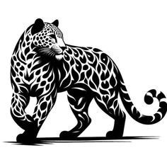 a black and white drawing of a leopard with spots on it's body, standing in