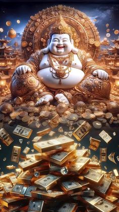 a buddha statue surrounded by stacks of gold coins