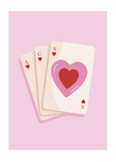 three playing cards with a heart on the front and bottom, one in red and one in pink