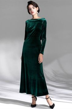 Dark Green Velvet Dress with Long Sleeves – Joyofdress Green Velvet Dress Outfit, Green Velvet Gown, Velvet Dresses Outfit, Dark Green Velvet Dress, Sleeved Velvet Dress, Formal Wedding Guest Dress, Dark Green Velvet, Velvet Dress Long, Velvet Bridesmaid Dresses