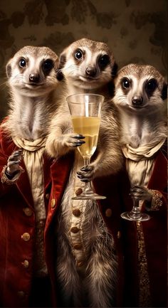 three meerkats dressed in fancy clothing and holding wine glasses