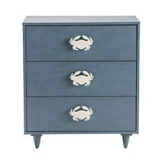 a blue and white dresser with two crabs on the drawer knobs inlayed to it's sides