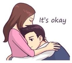 a woman hugging a man with the words it's okay