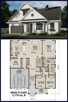 two story house plan with 2 car garage and living room, attached to the main floor