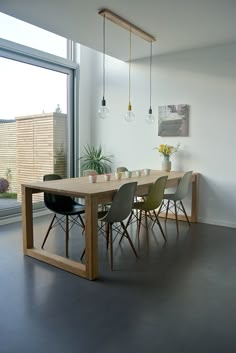 a dining room table and chairs in front of a large window