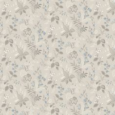 a floral wallpaper pattern with blue and white flowers on grey background, suitable for use in home decor or interior design