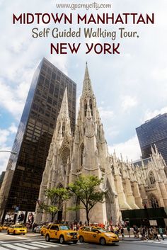 the cover of midtown manhattan self guided walking tour new york, with taxis in front