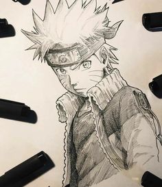 a pencil drawing of naruto from the movie naruto is surrounded by markers and pens