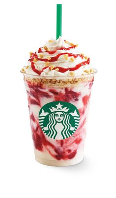 a starbucks drink with strawberries and whipped cream