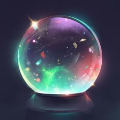 a glass ball with colorful lights inside on a black surface, in the shape of a snow globe