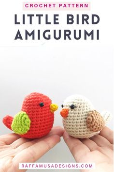 two small crocheted birds sitting next to each other on top of someone's hand