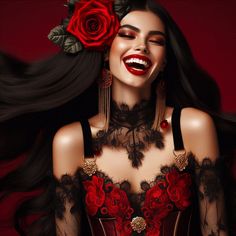 a woman with long black hair and red roses in her hair