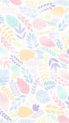 an abstract floral pattern with pastel colors and lots of leaves on a white background