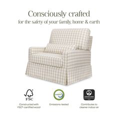 a chair with the words conscious crafted for the safety of your family, home and earth