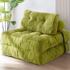 a green couch sitting on top of a hard wood floor next to a potted plant