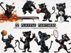 cartoon black panther character poses for photoshopped with text that reads, playful pantheres free commercial use transparent background png format