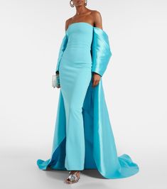 Kyla caped twill and crêpe gown in blue - Solace London | Mytheresa Fitted Pre-draped Evening Dress With Cape Sleeves, Elegant Blue Maxi Dress With Cape Sleeves, Blue Maxi Dress With Cape Sleeves For Evening, Fitted Evening Gown With Cape, Fitted Cape Gown For Evening, Fitted Cape Gown For Party, Crepe Maxi Dress For Gala, Floor-length Crepe Maxi Dress For Party, Formal Fitted Cape Evening Dress