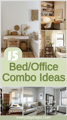 the words 15 bed / office combo ideas are shown in green and white, with pictures of