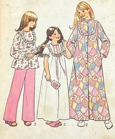 Rare - OOP  Still in original packaging.  Simplicity 7202 Girl's Nightwear Size 10 - Breast 28 1/2" Copyright 1975 Girl's Robe, Nightgown & Pajamas:  Nightgown or pajama top with self bias binding at high round neckline, has front gathered to yoke, back opening fastened with thread loop and button, set-in sleeves with elastic casings forming self ruffles and lace or eyelet edging trim. Nightgown V.1 with novelty trim has short sleeves and ribbon bow. V.2 robe with front button closing, has high round neckline, long set-in sleeves, pockets concealed in side seams and lace or eyelet edging trim. Pajama top V.3 with long sleeves is worn over contrasting pants with elastic waistline casing. Suggested fabrics: cotton broadcloth, gingham, batiste, seersucker, cotton flannelette, chintz, lawn, je Nightgown Pajamas, Robe Nightgown, Girls Nightwear, Girls Robes, Seventies Fashion, Bias Binding, Wool Flannel, Bias Tape, Pajama Top