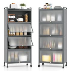 two metal storage cabinets with different containers on top and bottom shelves in the same color