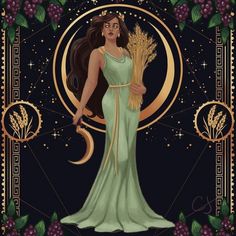 the zodiac sign for demeter with a woman in a green dress holding a bunch of grapes