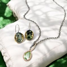 This elegant set features a stunning green amethyst gemstone, carefully set in oxidized silver and accented with luxurious gold vermeil. The necklace boasts a 24-inch chain, customizable to shorter lengths upon request, while the earrings measure 1.25 inches, making them the perfect size for everyday wear or special occasions. The sophisticated mix of silver, gold, and the natural beauty of green amethyst creates a timeless design, ideal for those seeking both elegance and versatility.sold separ Elegant Sets, Amethyst Necklace, Green Amethyst, Oxidized Silver, Amethyst Gemstone, Necklace Earring Set, Silver And Gold, Ring Bracelet, Gold Vermeil