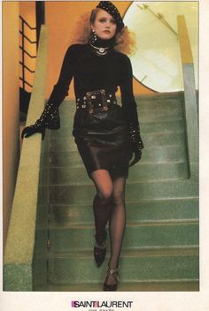 Look 80s, Decades Fashion, 1980’s Fashion, Yves St Laurent, 80s Glam, Fashion 1980s, Black Leather Pencil Skirt, 1980s Women, Ysl Saint Laurent