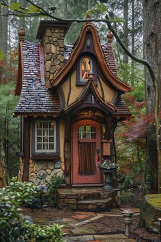 a small house in the middle of a forest