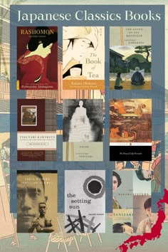 the japanese classic books are on display in this book cover art print by artist and author,