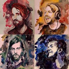 four watercolor portraits of three men with headphones on, one is wearing a beard and the other has long hair