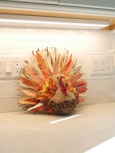 a turkey made out of feathers sitting on top of a kitchen counter next to a light switch