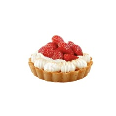 a small pastry with whipped cream and strawberries on it's top, sitting in front of a white background