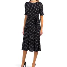 Brand New Color: Black/White No Defects, Stains, Or Odor Polka Dot Pattern, Tie Accent, Fabric Provides Stretch Short Sleeve, Round Neck, Midi Dress 46in Long, Size 8 Back Zip And Hook Closure Polyester/Elastane Polka Dot Midi Dress For Work, Polka Dot Midi Length Workwear Dresses, Polka Dot Midi Length Dresses For Work, Elegant Short Sleeve Polka Dot Midi Dress, Knee-length Polka Dot Dress For Work, Polka Dot Knee-length Workwear Dress, Knee-length Polka Dot Workwear Dress, Non-stretch Polka Dot Dress For Spring, Cotton Knee-length Polka Dot Dress