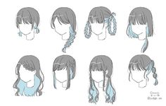 an anime character's head with different hairs and braids, all in various positions