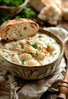 a close up of a bowl of food on a table with bread in the background