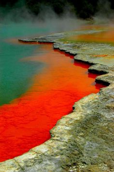 the water is red and green with steam rising from it's surface in the background