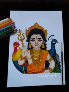 a drawing of the hindu god sitting next to colored pencils