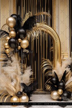 a black and gold party decoration with feathers, balloons and streamers in front of a fireplace