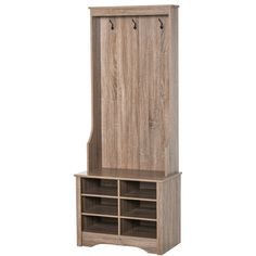 a wooden cabinet with two open doors and three shelves on each side, one door opened to reveal a coat rack