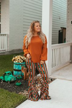 Rowdy Crowd Pants (Turq) 96% Polyester 4% Spandex Runs true to size. Bell Bottoms. Stretchy material. April is wearing a size small. Bottoms Outfit, Bell Bottoms Outfit, Striped Pants, Bell Bottoms, Stretchy Material, Maxi Skirt, Rust, Spandex, My Style