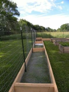 an outdoor garden with raised beds and grass