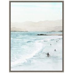 a watercolor painting of people walking on the beach