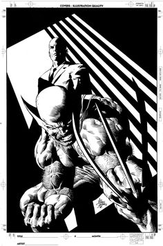 a black and white drawing of wolverine with his hands on his hips, looking down at the