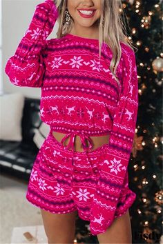 Fisdy - Elegante Conjunto de Moda de Dos Piezas Estampado Azul con Cuello en O Casual y Mangas Largas Womens Loungewear Sets, Pajamas Christmas, Women Pajamas, Two Piece Pants Set, Long Sleeve And Shorts, Shorts Style, Fleece Pajamas, Christmas Print, Loungewear Sets