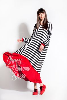 "Lovely Black and White stripes Maxi dress for Spring Summer Collection! Cut from a light viscose fabric , this maxi dress with sleeves feels like a second skin. Very comfy, easy to wear and easy to care, this is a must have garment for Spring Summer! Wear it with elegant sandals , balerinas , flats , platforms , pompom sandals ♥ Fabrication : Stretchy Viscose COLOR : Black and White stripes with red ♥ Length Front : 110 cm / 43.3 \" Length Back : 130 cm / 51 '' Size : Please see the size chart Red Long Sleeve Viscose Dress, Pompom Sandals, Long Sleeve Dress Casual, Sleeve Dress Casual, Summer Long Sleeve, Maxi Dress Plus Size, Maxi Dress Summer, Striped Maxi Dress, Elegant Sandals