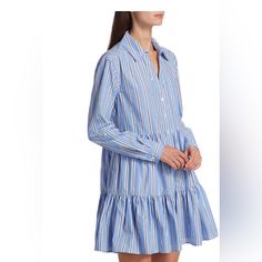 Veronica Bear Atari Tiered Shirt Dress Size 2 Brand New With Tags Blue Collared Dress With Ruffles, Preppy Long Sleeve Summer Dresses, Blue Cotton Knee-length Shirt Dress, Knee-length Blue Cotton Shirt Dress, Blue Cotton Collared Shirt Dress, Light Blue Collared Cotton Dress, Preppy Collared Dresses For Spring, Blue Mini Shirt Dress For Casual Wear, Casual Blue Mini Shirt Dress