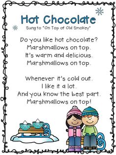 a hot chocolate poem with two children standing next to each other and the words hot chocolate written