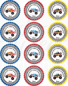 monster truck birthday cupcake toppers with checkered border and red, white, blue and