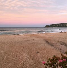 people are walking on the beach as the sun goes down in the distance with pink and blue skies